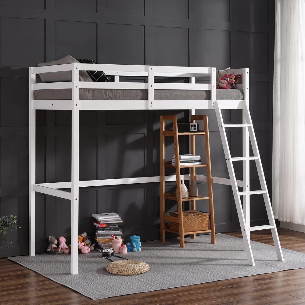 JOYMOR Twin Loft Bed Frame - Sturdy Wood Design with Full-Length Guardrail and Ladder for Kids and Teens - WoodArtSupply