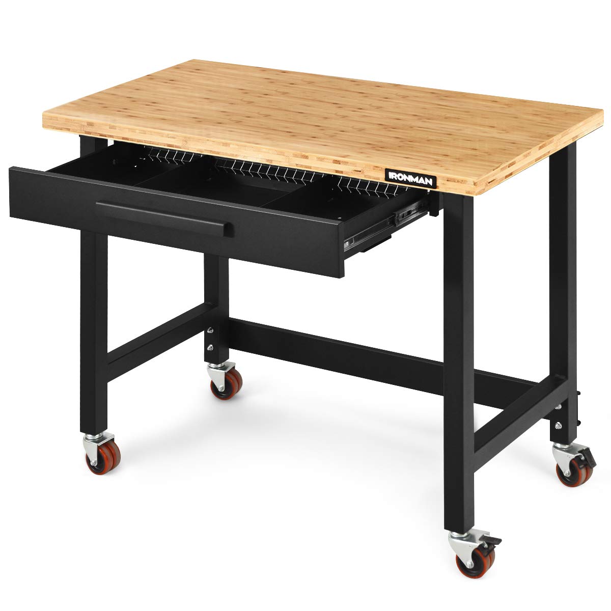 Goplus 48" Mobile Workbench, Bamboo Tabletop Workstation with Two Lockable Casters, Sliding Organizer Drawer, Weight Capacity 500 Lbs, Multipurpose - WoodArtSupply