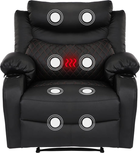 Comermax Faux Leather Black Recliner Chair with Massage and Heat Wide Seat Manual Reclining Chair with Cup Holders, Heated Massaging Recliner Chair for Adults Comermax