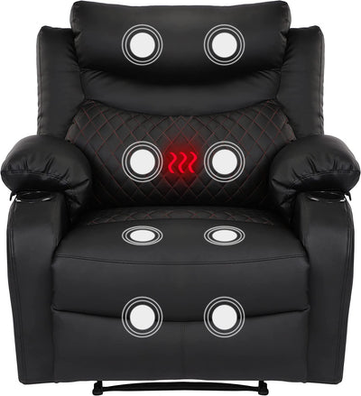 Comermax Faux Leather Black Recliner Chair with Massage and Heat Wide Seat Manual Reclining Chair with Cup Holders, Heated Massaging Recliner Chair for Adults