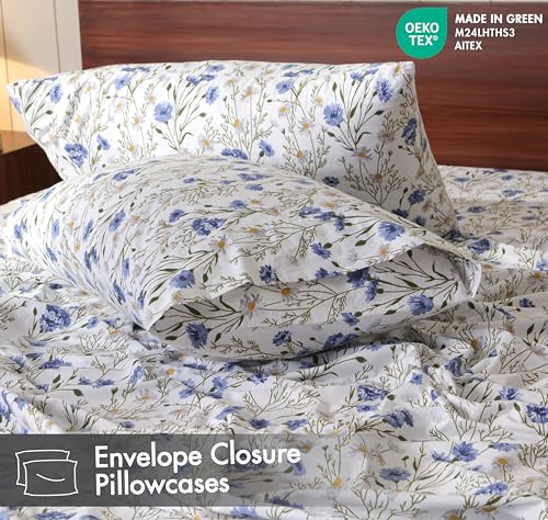 RUVANTI 100% Cotton Sheets – Twin XL Size Percale Bedding, Cooling & Breathable Floral Design, Durable with a Crisp, Soft & Comfortable Feel, 16" Deep Pocket, 3-Piece Set, Sweet Pea RUVANTI