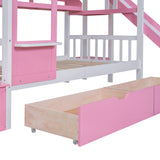Ball & Cast Twin-Over-Twin Castle Style Bunk Bed,Wood Bunkbed w/ 2 Drawers and 3 Shelves,Full-Length Fence,Bedframe with Slide & Storage Ladder,Space Saving,Slat Support,for Child's Bedroom,Pink Ball & Cast