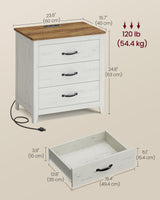 VASAGLE LIRY Collection - Farmhouse Nightstand with Charging Station, Bedside Table, Side End Table with 3 Drawers, for Bedroom, Rustic White and Honey Brown ULET679W01 VASAGLE