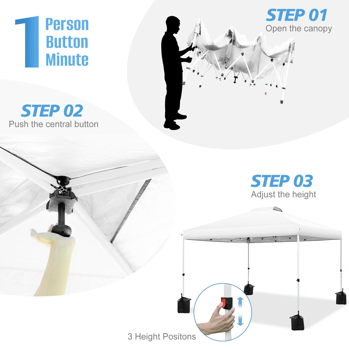 WEIZE Pop up Canopy Tent 10x10ft, 1-Button Push Setup, Instant Portable Shelter, Adjustable Height, Portable Roller Bag, 4 Weight Bags, Guy Ropes & Stakes Included, White WEIZE