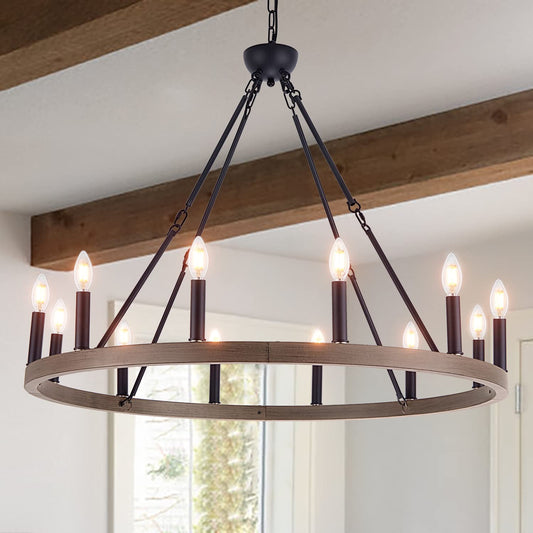 Wellmet 12-Light Large Farmhouse Chandelier Diam 38 inch, Wagon Wheel Chandelier Rustic Country Style Round Pendant Light Fixture for Dining Room, Kitchen Island, Dark Wood