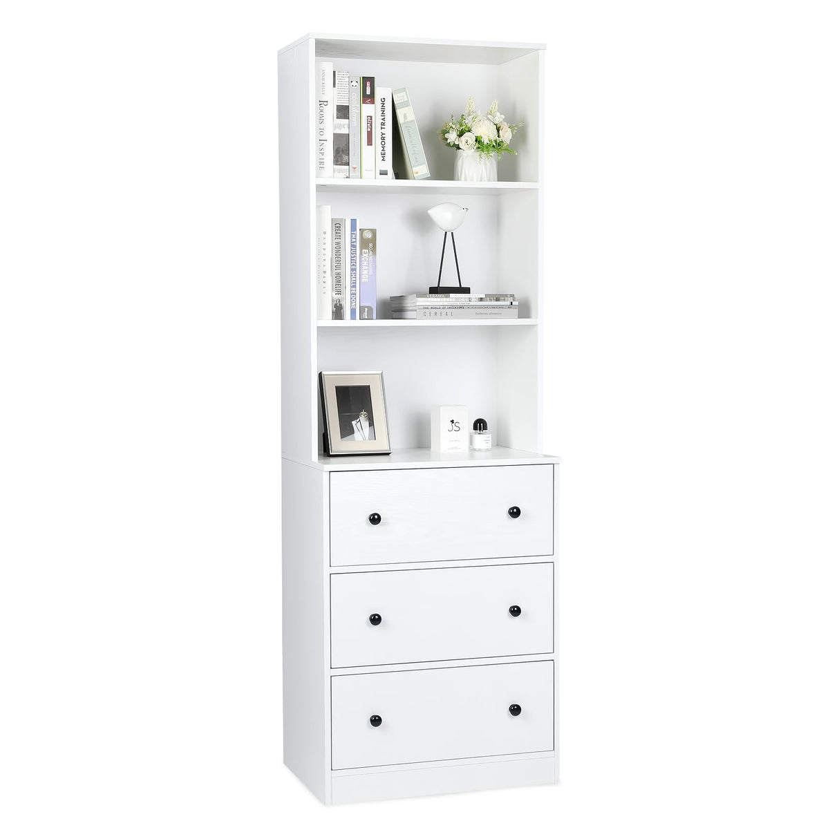 VOWNER Vertical File Cabinet, 3-Tier Modern Bookshelf with 3 Large Drawer, Wood Filing Cabinet with Open Storage Shelf, Glass Doors and Adjustable Shelves for Home Office, White (A) VOWNER