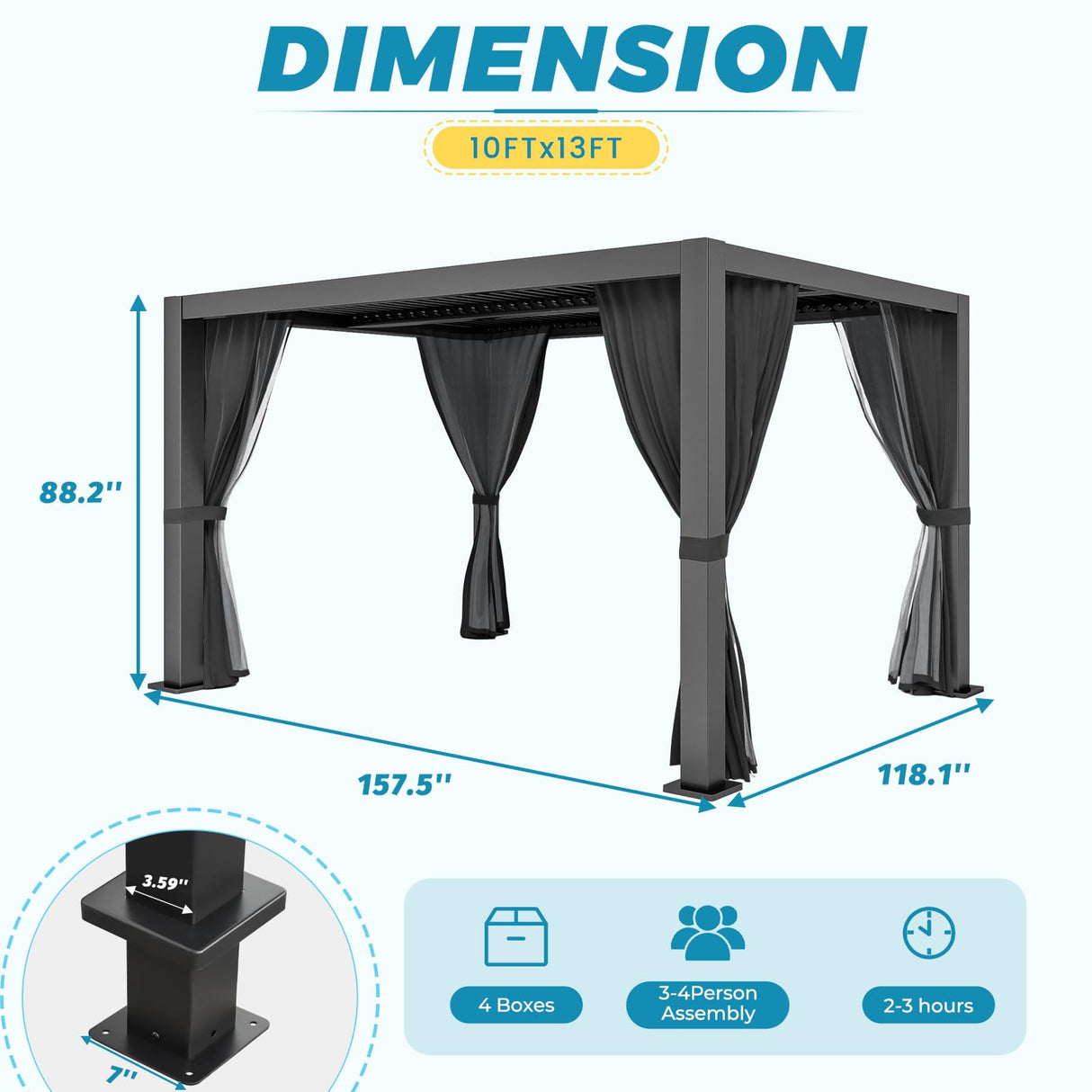 LVUYOYO Outdoor Louvered Pergola 10' x 13', Aluminum Pergola with Adjustable Roof, Waterproof Metal Gazebo with Curtains and Netting for Patio, Backyard, Garden, Deck (Black) LVUYOYO