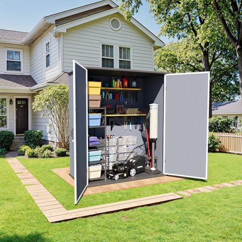 Greesum 5×3FT Plastic Outdoor Storage Shed with Floor, Resin Storaged Sheds with Lockable Door, Window & Vent, All-Weather Tool Sheds for Garden, Backyard, Patio, Dark Gray (4.7×2.5FT) Greesum
