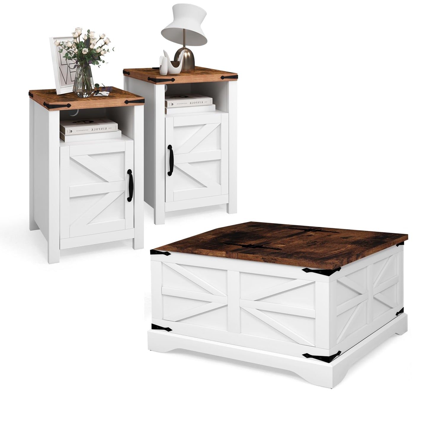 oneinmil 3-Piece Farmhouse Table Set Includes 31” Coffee Table and Side Tables with Storage Space, Retro Tables for Living Room, White - WoodArtSupply