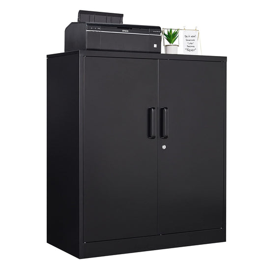 AFAIF Metal Storage Cabinets with Locking Doors&2 Adjustable Shelves, Lockable Steel Office Cabinet, Black Counter Cabinet Small Locking Cabinet Locked Tool Cabinet for Home, Office, Garage, Hallway