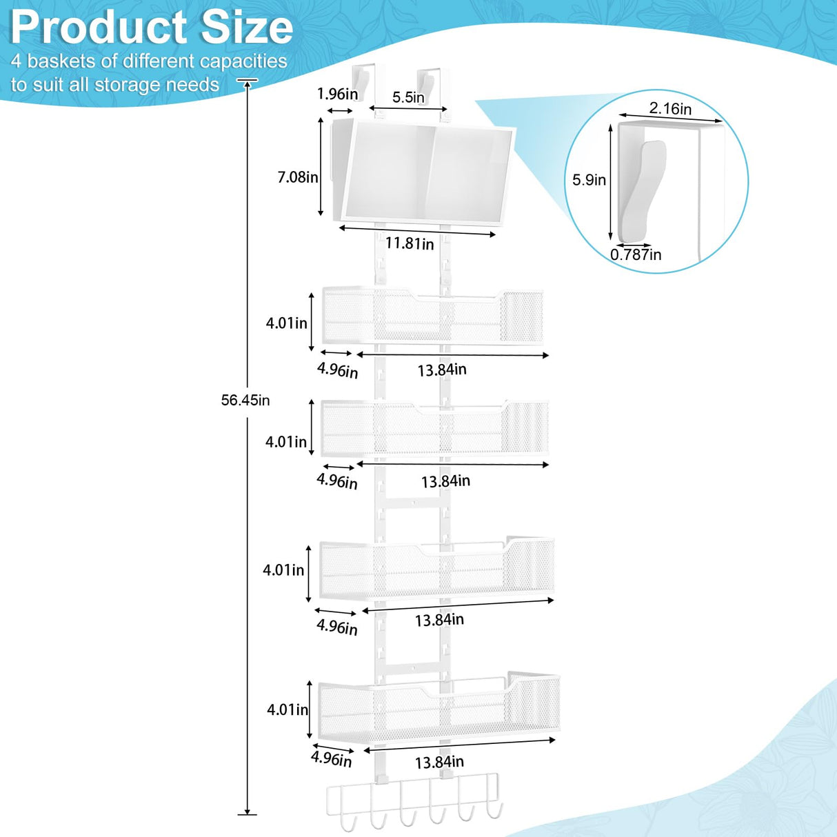 Hongtamoya Adjustable Over The Door Organizer, Hanging Door Storage with PVC Pocket and 4 Metal Baskets Wall Mount, Behind Door Rack for Bathroom Pantry Cabinet Bedroom Closet, White Hongtamoya