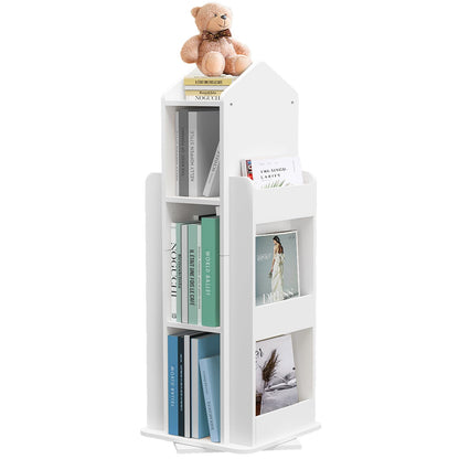 MYOYAY 360° Rotating White Kids Bookshelf - 3 Tier Floor Standing Bookcase for Home - WoodArtSupply