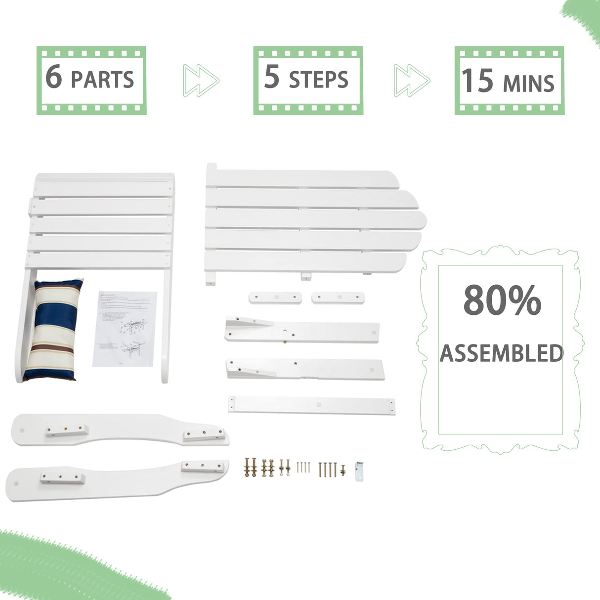 Anraja Outdoor Patio Wood Folding Adirondack Chair Outside with Cushion for Outdoor Porch, Yard, Garden, Pool, White Anraja