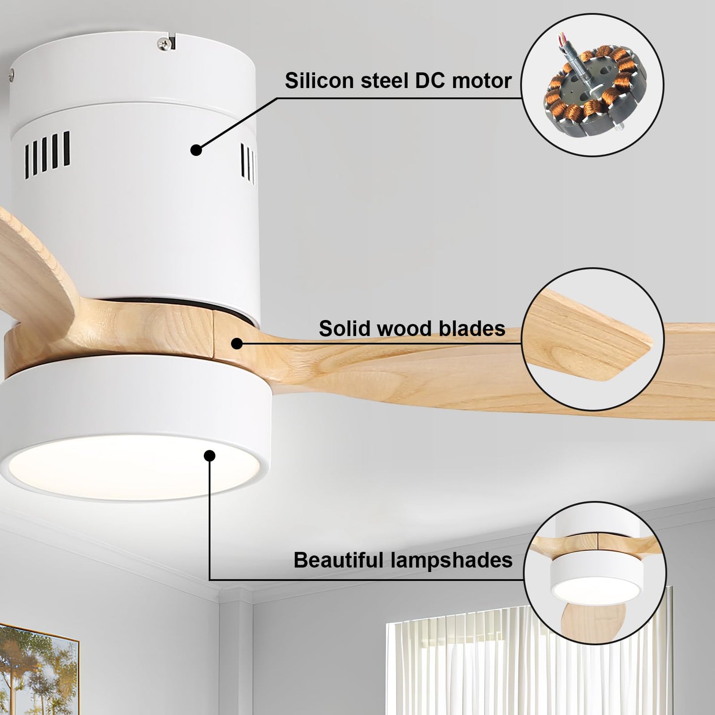 Sofucor 52 Inch Low Profile Ceiling Fan with Lights Remote Control Wood Blades Reversible DC Motor Modern Ceiling Fan for Kitchen, Bedroom, Basement, Dining, Living Room(white+wood color)