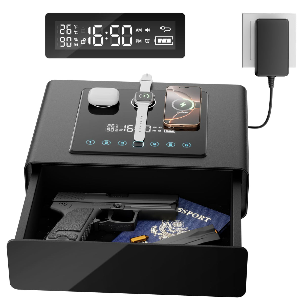 Yoqimi Smart Biometric Gun Safe for Handgun, Fingerprint Clock Safe with 3-in-1 Wireless Charging, Silent Drawer, LCD Alarm Clock & Quick Access Bedside Gun Safe Yorqimi