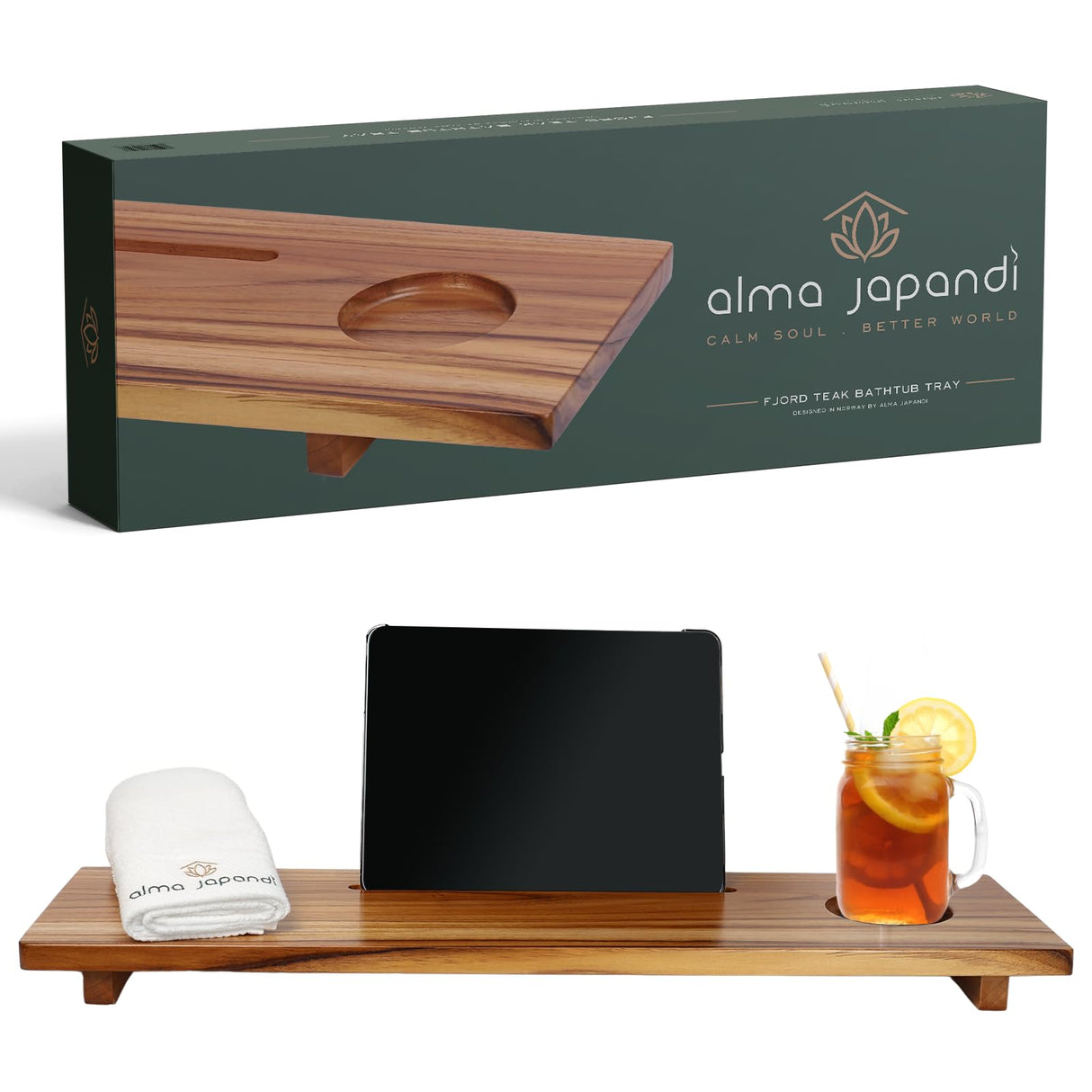 Fjord Teak Bathtub Tray - Towel & Gift Box Bundle - Sustainable Minimalist Wood Bath Tray for Tub - Fits Standard Bathtubs - Relaxing Bathtub Accessories Holder - Bath Caddy 29x8.5 in. Alma Japandi