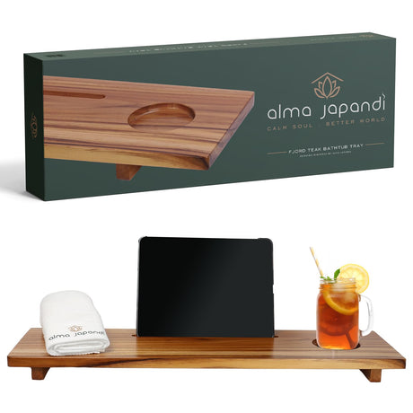 Fjord Teak Bathtub Tray - Towel & Gift Box Bundle - Sustainable Minimalist Wood Bath Tray for Tub - Fits Standard Bathtubs - Relaxing Bathtub Accessories Holder - Bath Caddy 29x8.5 in. Alma Japandi