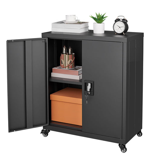 GREATMEET Metal Storage Cabinet with Wheels,31.5" H Locking Storage Cabinet with Doors and Adjustable Shelves，Steel Garage Tool Storage for Garage, Office, Home (Black) - WoodArtSupply