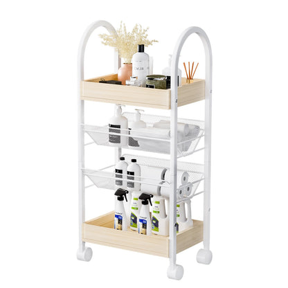 Small Kitchen Bathroom Organizer Cart - 4-Tier Narrow Rolling Cart Organizer with for Bookcase, Office,2 Metal Basket,2 Wooden Tray,Upgraded Version Arc Handle,9.5" D x 16.5" W x 28.5" H - WoodArtSupply