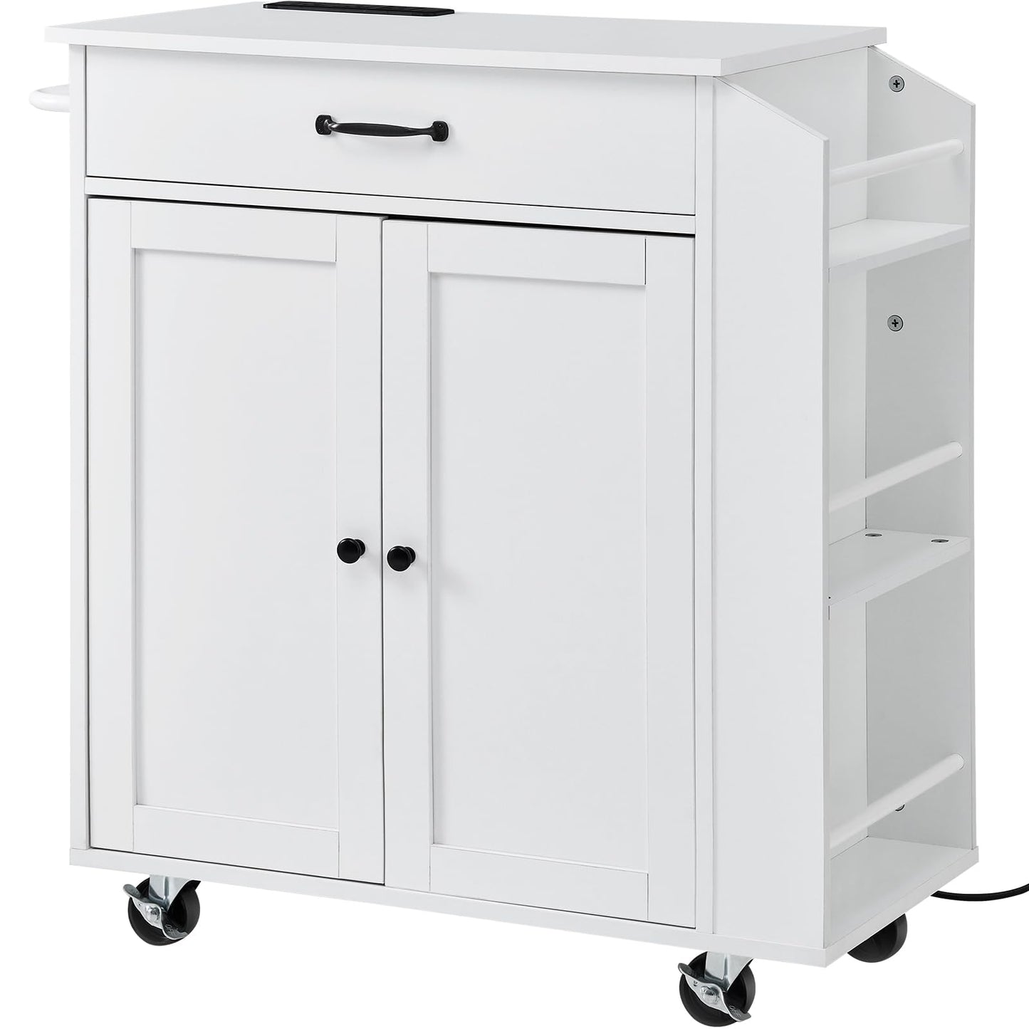 VEVOR Kitchen Island Cart, 32" Mobile Carts with Storage Cabinet, Rolling Table with Power Outlet, Spice Rack, Towel Bar, Adjustable Shelf, Drawer, Dining Living Room Portable Islands on Wheels, White