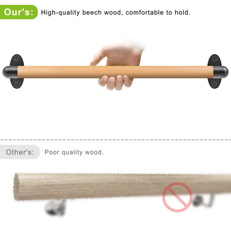 SELEWARE 26 Inch Wood Handrail Indoor Stairs Handrail Wall Mount Handrail w/Sturdy Metal Barckets, Barrier-Free Staircase Grab Bar for Elderly, 1.3 Inch Round SELEWARE