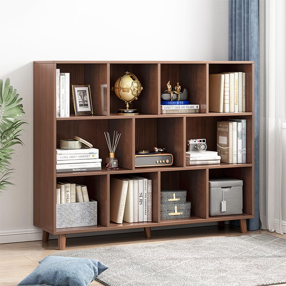 IOTXY Open Cube Low Bookcase - 3-Tier Freestanding Storage Display Cabinet Organizer with Legs for Home Office, 11-Cubes Open Shelf Short Bookshelf, Walnut IOTXY
