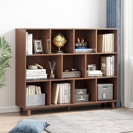 IOTXY Open Cube Low Bookcase - 3-Tier Freestanding Storage Display Cabinet Organizer with Legs for Home Office, 11-Cubes Open Shelf Short Bookshelf, Walnut IOTXY