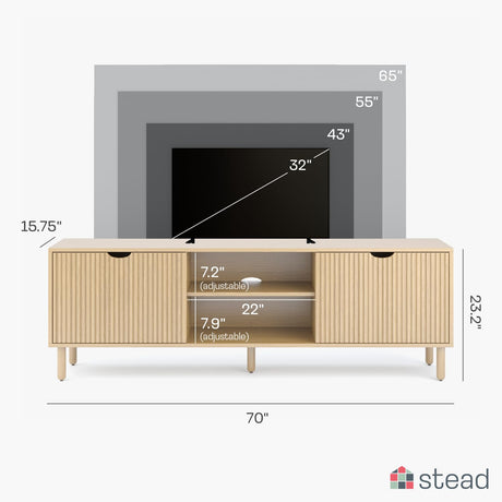 Contemporary Fluted TV Stand - Media Console - 70 Inch Entertainment Center with Storage - Console Table for Living Room and Bedrooms - Supports 32 to 80" TVs - Soft-Close Cabinet Doors (Light Oak) Stead
