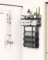 Wall Mounted Towel Rack for Bathroom - Bath Storage Holder Set Above Toilet, Rolled Towel Shelf Organizer, Wood Vertical Rack for Small Bathroom Decor, Black Aetyord