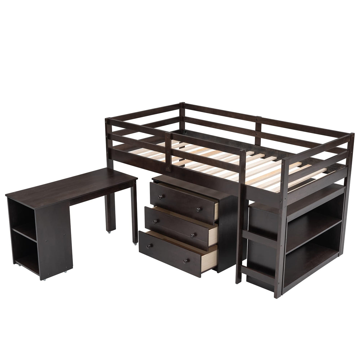 Harper & Bright Designs Kids Low Loft Bed with Rolling Desk and Storage Cabinet, Twin Size Wood Loft Bed Frame with Bookshelf (Espresso, Twin) Harper & Bright Designs