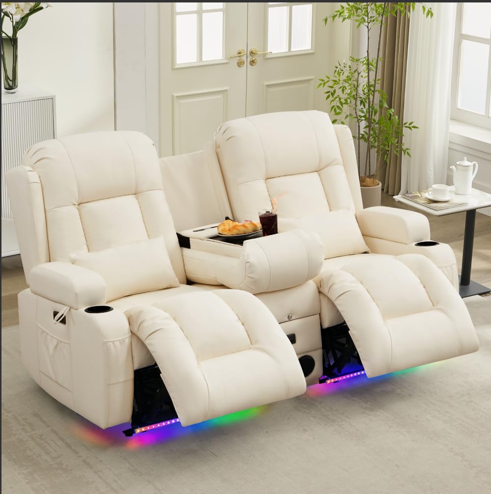 URRED Power Reclining Loveseat Sofa with Console, RV Couch Loveseat Recliner Sofa with Massage & Heat, LED Light, Cupholders, Bluetooth Speakers, USB Charge Ports, Outlets, Faux Leather, Ivory URRED