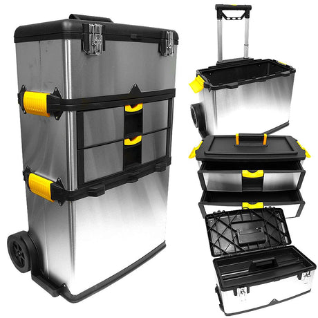 3-Part Portable Tool Box - Stainless-Steel Drawer Organizer with Wheels, Extendable Handle and Tough Latches - Rolling Tool Chest by Stalwart (Silver) Stalwart