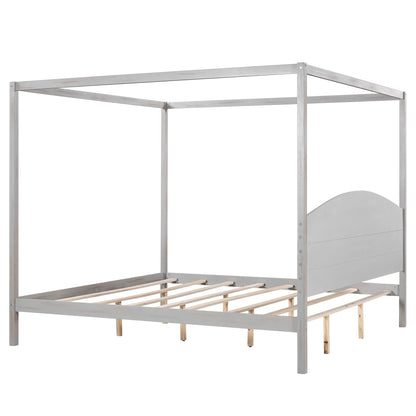 Harper & Bright Designs Grey Wash King Size Canopy Bed Frame with Headboard and Slat Support - WoodArtSupply