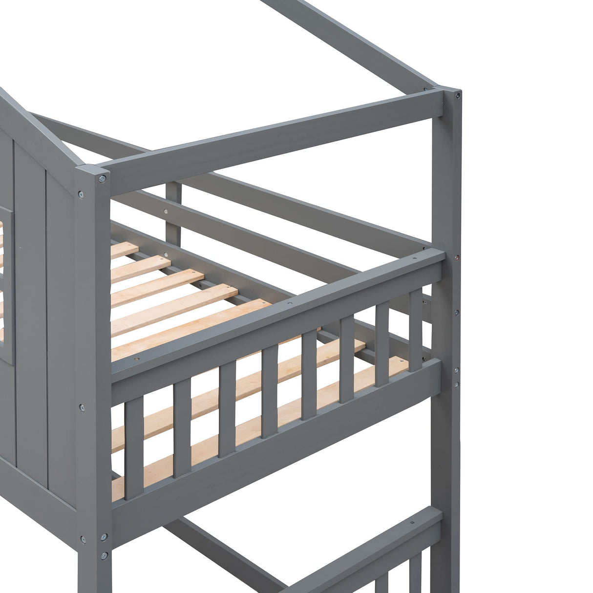 Harper & Bright Designs House Bunk Beds, Twin Over Twin Bunk Bed with Roof, Ladder and Windows, Floor Bunk Bed, Low Bunk Loft Bed for Kids Teens Boys & Girls, Gray Harper & Bright Designs