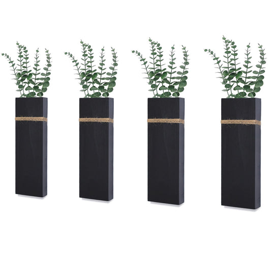 Wall Planters for Indoor Plants - 4 Pack Wood Wall Vases for Dried Flowers & Artificial Plants Modern Farmhouse Wooden Vase for Living Room Bedroom Kitchen Wall Decorations - Black