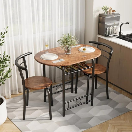 Shahoo 3-Piece Wooden Dining Table Set, Kitchen Breakfast Nook Sets with 2 Chairs & Round Tabletop, Space Saving Furniture Metal Frame and Built-in Wine Rack, Brown Shahoo