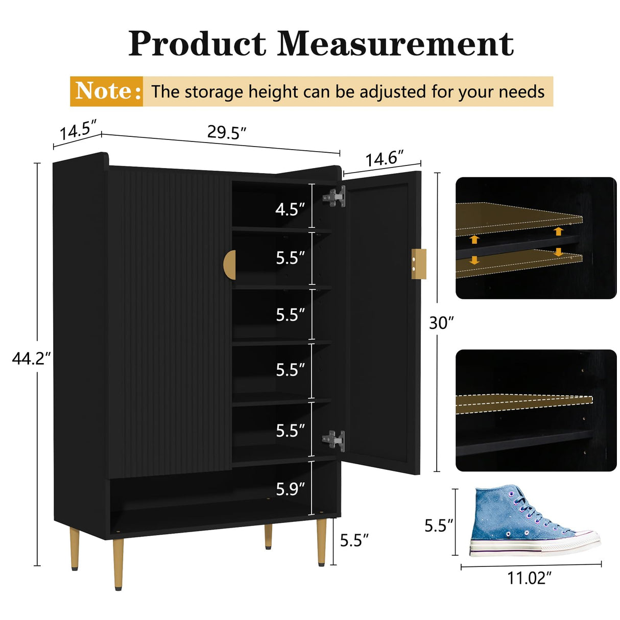 HLR Modern Shoe Cabinet Storage for Entryway, 6-Tiers Shoes Cabinet with Fluted Doors, Wood Shoes Rack with Adjustable Shelves, Black Shoe Organizer for Front Door Entrance, Closet, Living Room HLR