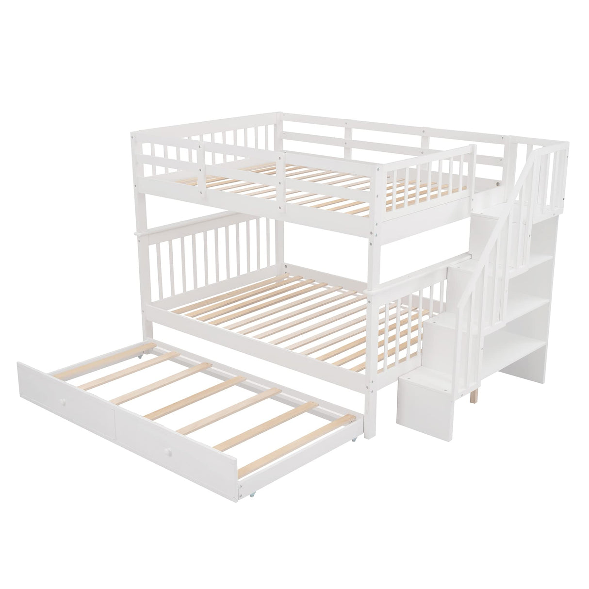 Harper & Bright Designs Full Over Full Bunk Beds with Twin Size Trundle and Stairs, Wood Bunk Bed with Storage Shelves and Guard Rail, Full Size Bunk Bed Frame for Kids, Teens, Adults (Full, White) Harper & Bright Designs