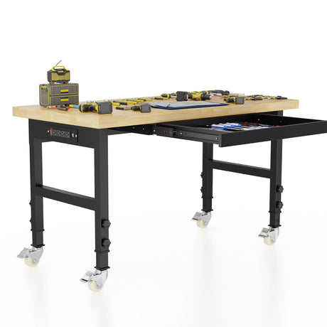 48" Adjustable Workbench, Work Bench Table with Wheels and Power Outlet, Rolling Workbench with Drawers, Large Load Capacity Garage Workbench for Workshop,Office,Home climblocka