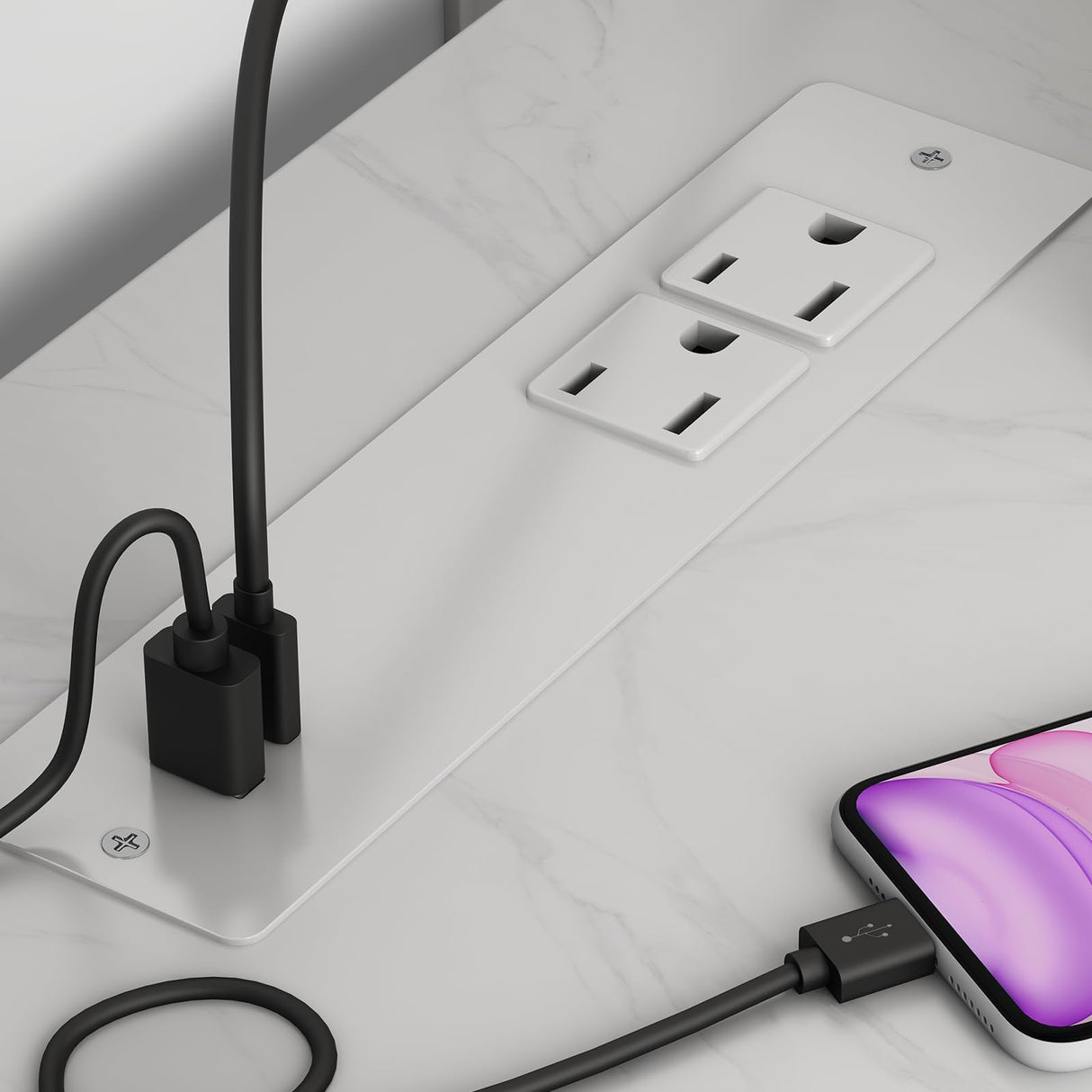 Floating TV Stand Wall Mounted with Power Outlet, Modern Floating Entertainment Center for 80 Inch TV, High Gloss Floating TV Shelf with LED Lights for Living Room, Bedroom, Marble White Doredo