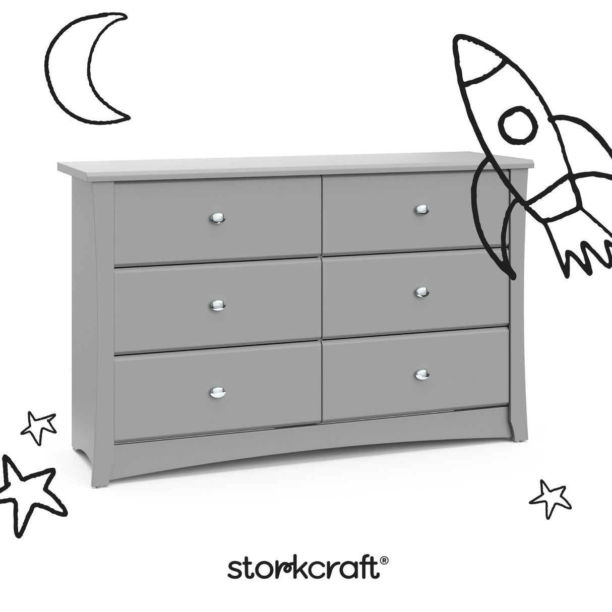 Storkcraft Crescent 6-Drawer Dresser (Pebble Gray) – GREENGUARD Gold Certified, Gray Dresser for Bedroom, Kids & Nursery Storage Chest, Safety Interlocking Drawers, Pre-Installed Tracks, Kids Chest Storkcraft