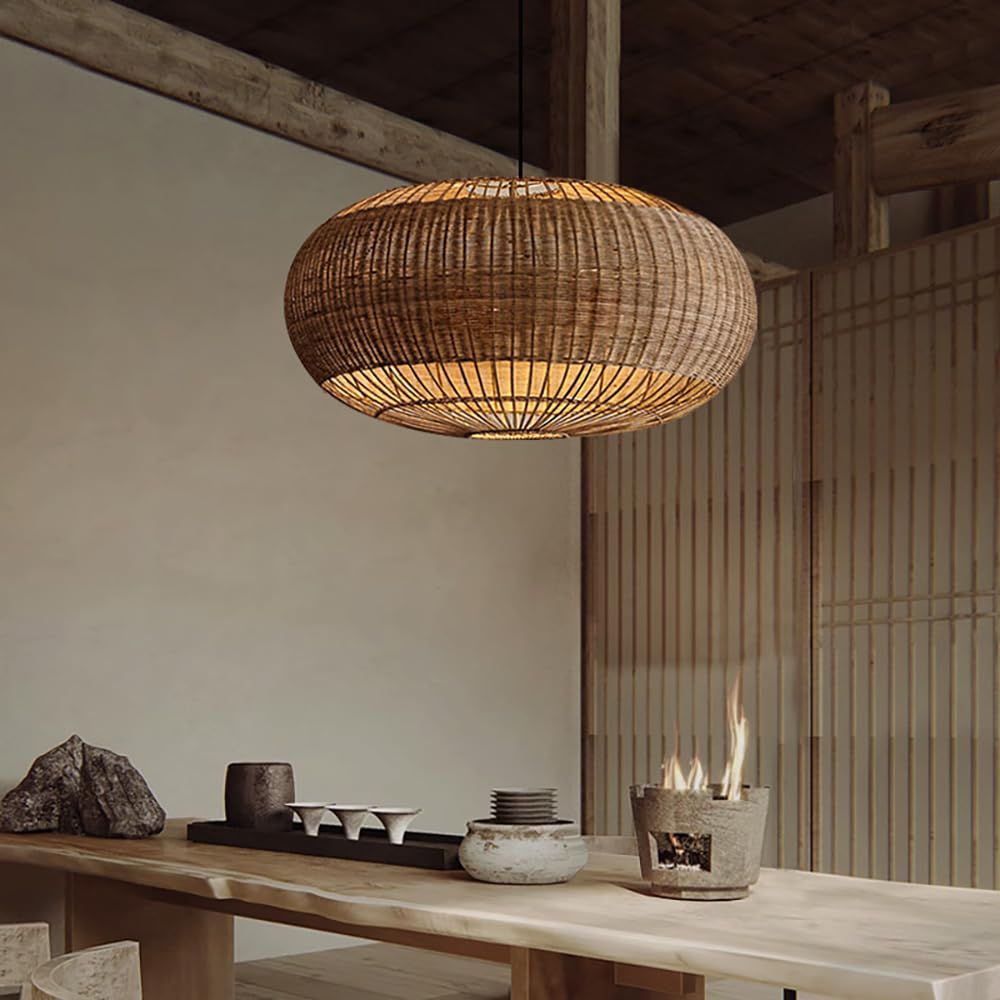 Rattan Handwoven Pendant Lights Adjustable Bamboo Wicker Hanging Lamp, Pendantt Light Fixture With Drum Basket Shade 1 Light Woven Pendant Light For Dining Room Living Room (Not Bulb Included) YUJIDAO