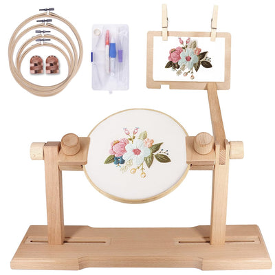 Adjustable Embroidery Hoop Stand,Embroidery Kit with 4pcs Different Size Embroidery Hoops,1 Embroidery Tool Kit,1 Pair of Thimbles,Wooden Embroidery Hoop Holder for Beginners.