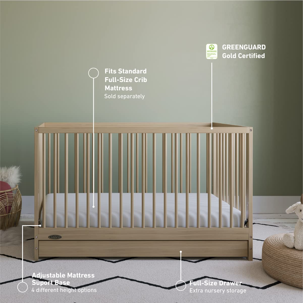 Graco Teddi 5-in-1 Convertible Crib with Drawer (Driftwood) – GREENGUARD Gold Certified, Crib with Drawer Combo, Full-Size Nursery Storage Drawer, Converts to Toddler Bed, Daybed and Full-Size Bed Graco