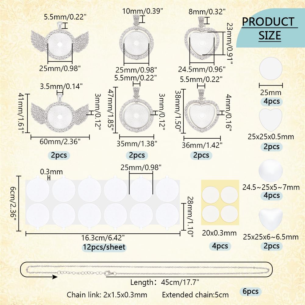 PH PandaHall 6 Sets Sublimation Rhinestone Tray Pendants, 3 Style Double Sided Pendant Blank Wing Heart Round Bezel Trays with Sublimation Blanks and Cabochons for Christmas Necklace Jewelry Making