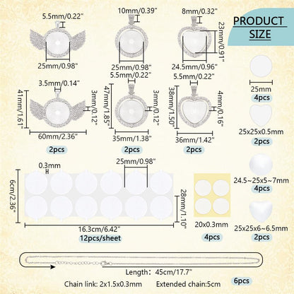 PH PandaHall 6 Sets Sublimation Rhinestone Tray Pendants, 3 Style Double Sided Pendant Blank Wing Heart Round Bezel Trays with Sublimation Blanks and Cabochons for Christmas Necklace Jewelry Making