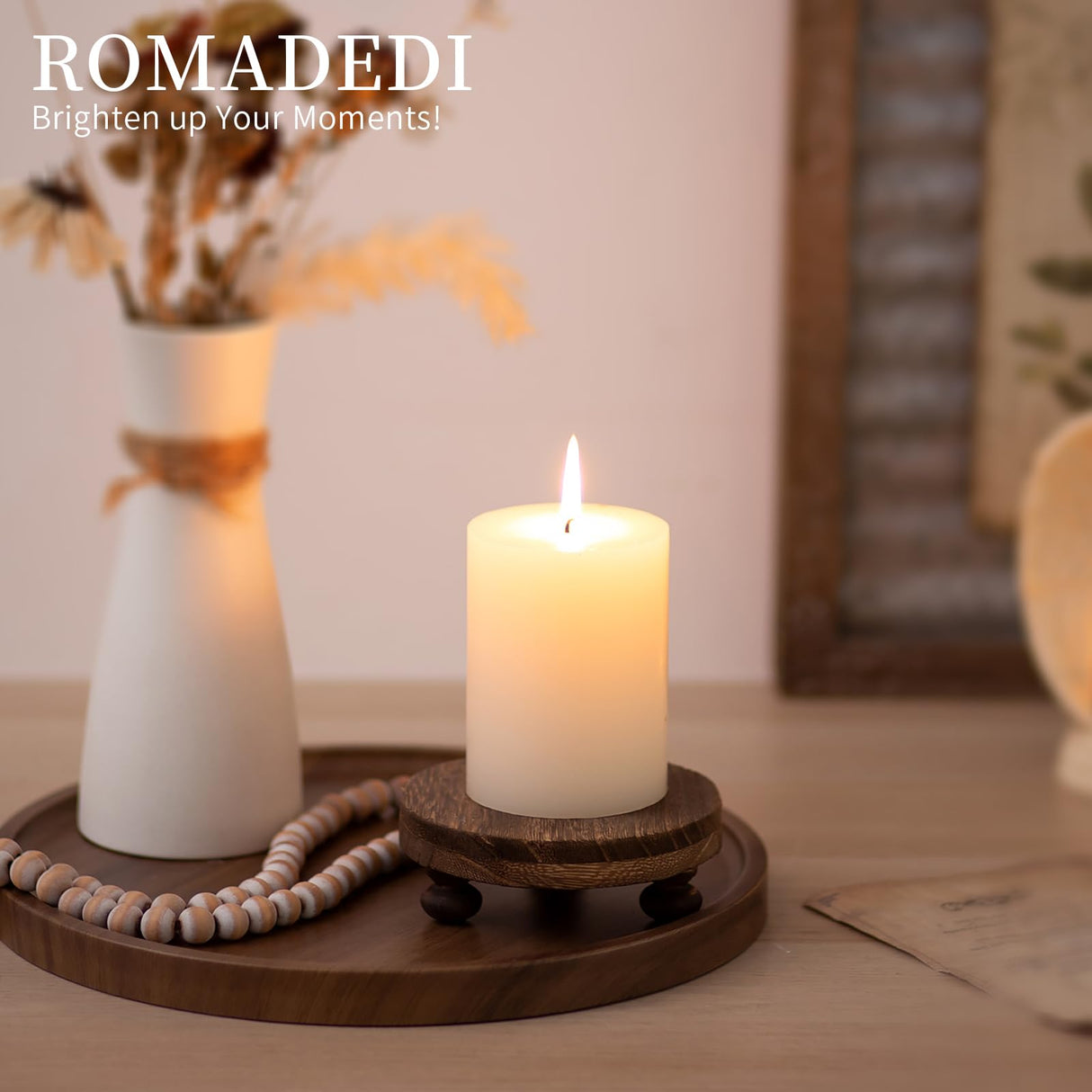 Romadedi Farmhouse Wood Riser for Display- 2 pcs Rustic Decor Mini Wooden Pedestal Decorative Round Tray for Home Table Bathroom Counter Shelf Kitchen, Brown Romadedi