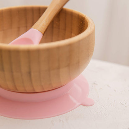 Baby Bowls and Spoons, Baby Bamboo Bowl and Spoon | Silicone Suction | Bamboo Baby Bowls for Baby | Baby Bowls First Stage | Baby Wood Bowls (Pink)