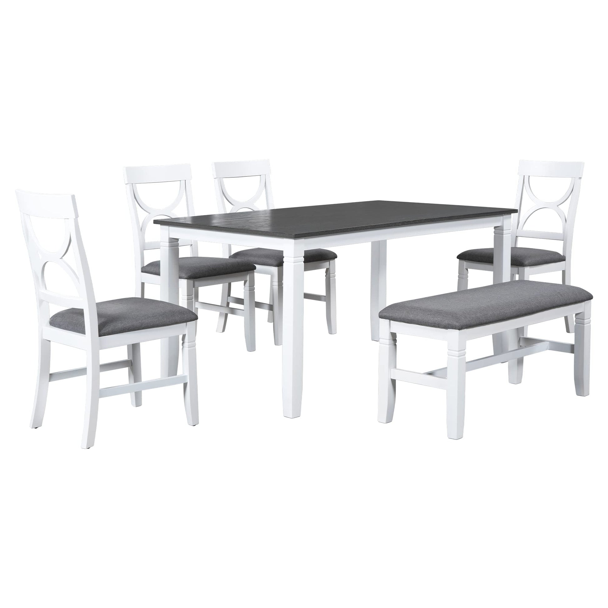 LostCat Dining Table Set, 6-Piece Wood Kitchen Table Set with Upholstered Bench and 4 Dining Chairs, Farmhouse Style Dining Room Table Set for Kitchen, Living Room, White+Grey - WoodArtSupply