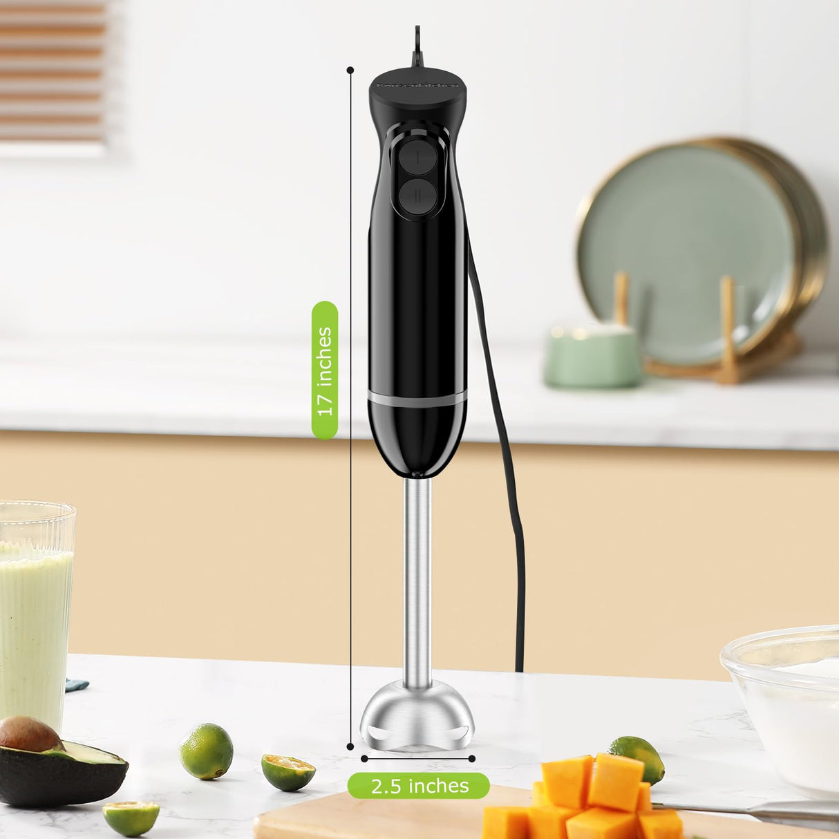 Bonsenkitchen Hand Blender, Immersion Blender with 2 Mixing Speed, Electric Handheld Blender Portable Stick Mixer with Stainless Steel Blades for Soup, Smoothie, Puree, Baby Food Bonsenkitchen